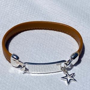 Vegan brown leather and silver cuff with Star  engrave-able  plate